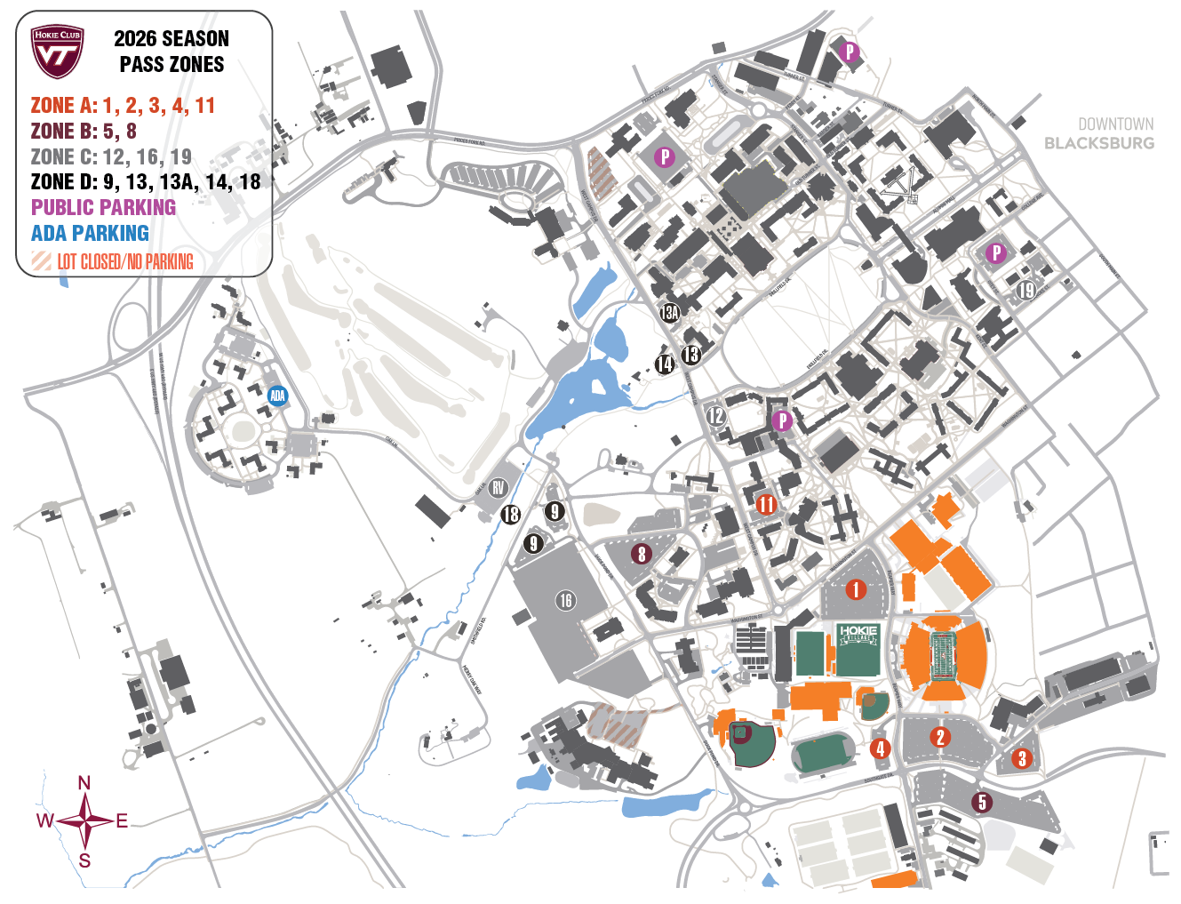 2026 Virginia Tech football season parking pass zones map showing donor lots, public parking, ADA parking, and closed lots around Lane Stadium.